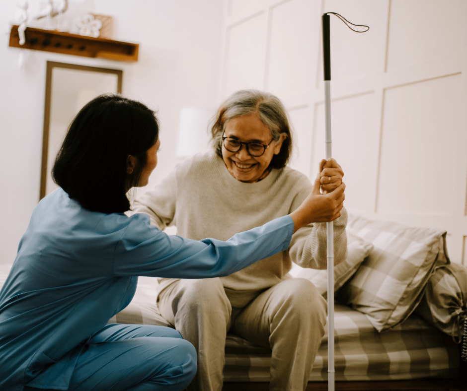 Caregivers need to practice self-care with picture of a daughter helping mom out of bed.