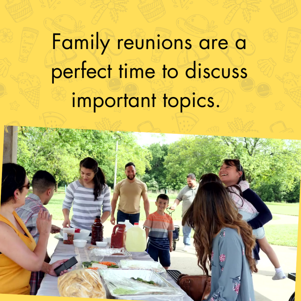 A large family gathers outside to discuss important topics like estate planning.