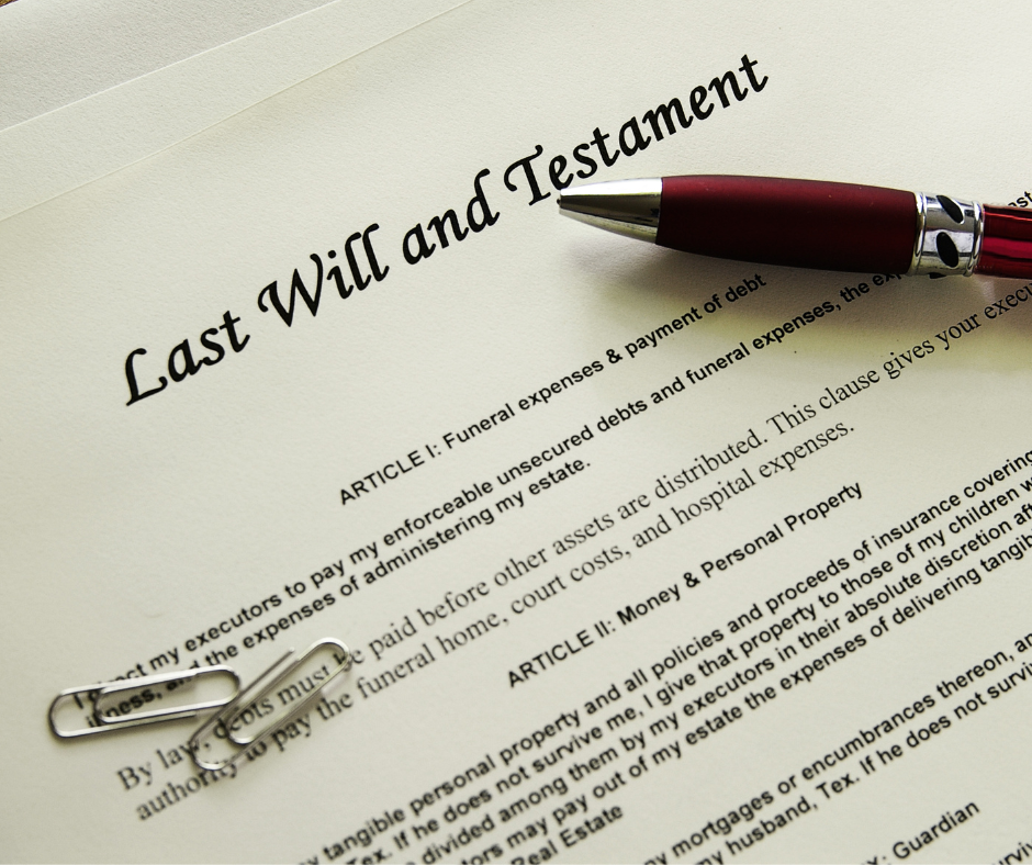 Photo of a Last Will and Testament with a pen.